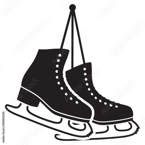 Black and white illustration of a pair of hanging figure skates perfect for winter sports