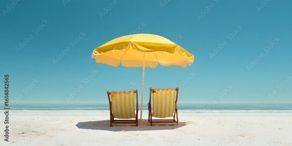 Obraz premium Two yellow striped beach chairs and umbrella on sandy shore, summer vacation, tropical holiday, relaxation, ocean view, travel destination