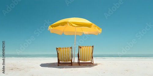 Fototapeta Naklejka Na Ścianę i Meble -  Two yellow striped beach chairs and umbrella on sandy shore, summer vacation, tropical holiday, relaxation, ocean view, travel destination