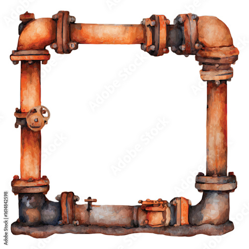 Rusty industrial pipes forming a watercolor frame on white plumbing border