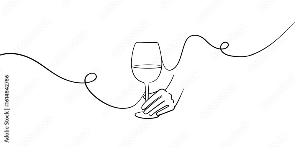 Obraz premium Hand with wine into a glass, continious line drawing. Toasting minimal with wine glasses drinks. Cheers toast festive decoration for holidays. Vector illustration