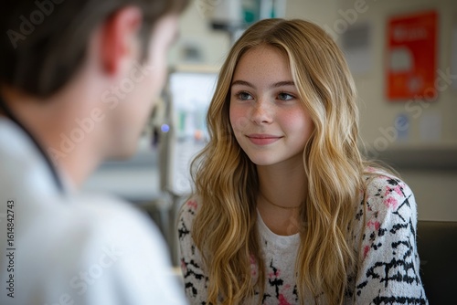 Wallpaper Mural Teenage oncology patient speaking with a doctor, receiving emotional support and care during cancer treatment, focusing on mental health and recovery, Generative AI Torontodigital.ca