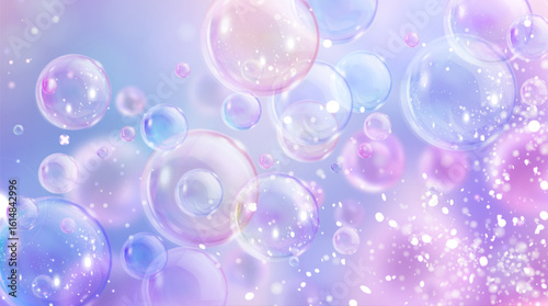 Dreamy iridescent bubble background with sparkle effects - floating soap bubbles in pastel blue and purple gradient, magical light reflections for beauty product presentations and laundry design.