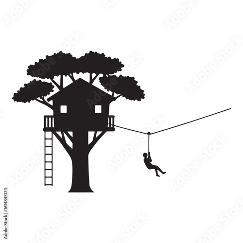 Black silhouette illustration of a treehouse with a ladder and a person ziplining for fun.