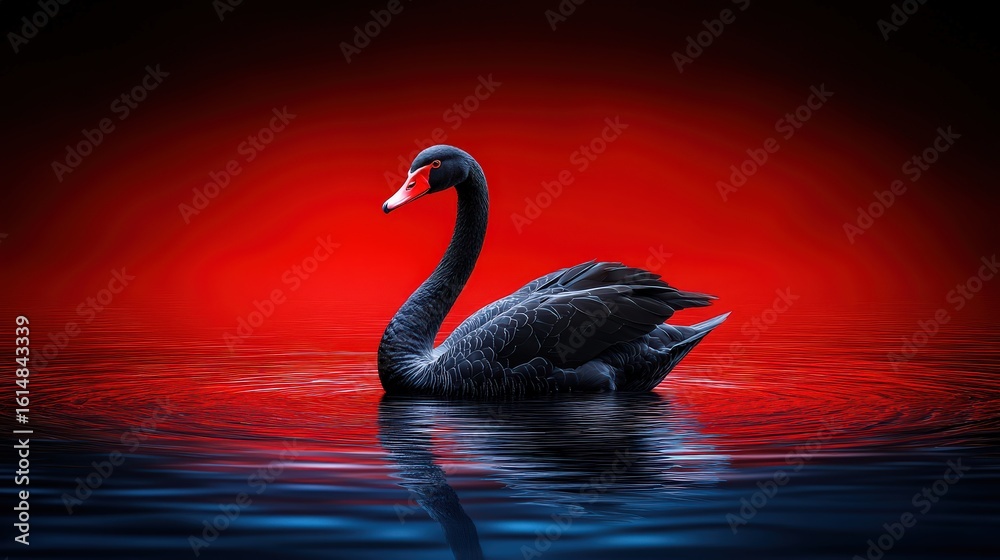 Fototapeta premium Elegant black swan rendered in 3D, dominating the scene under blue light, dark red backdrop creating contrast, with a sleek reflective floor beneath.