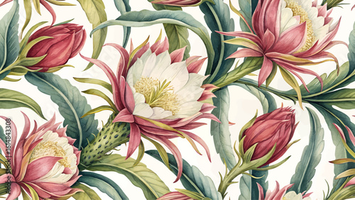 Seamless floral pattern, Dragon fruit flowers, high resolution, designed for printing on fabric.