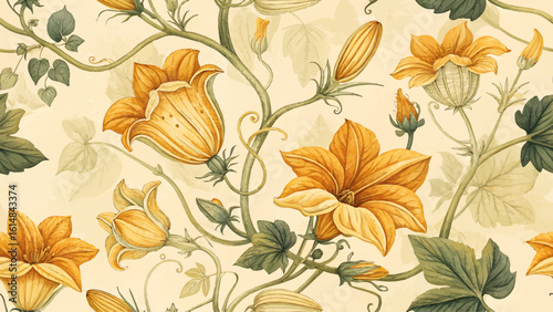 Seamless floral pattern, pumpkin blossom pattern, high resolution, pastel yellow background, designed for printing on fabric or fashion.