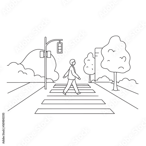 Businessman crossing a zebra crossing on a street with trees and traffic lights in simple vector style.