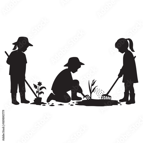 Children planting flowers and gardening together in a black and white silhouette