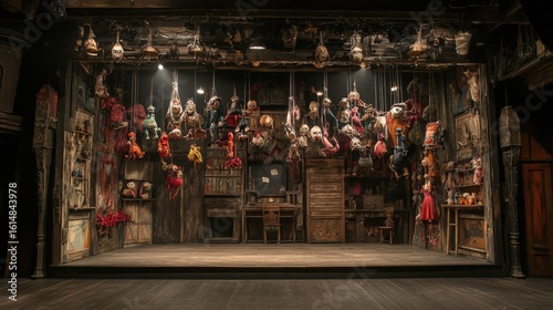 A stage setting filled with intricate puppetry and props.