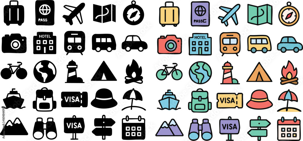 Obraz premium Travel Icons Airplane Passport Map Compass and More.