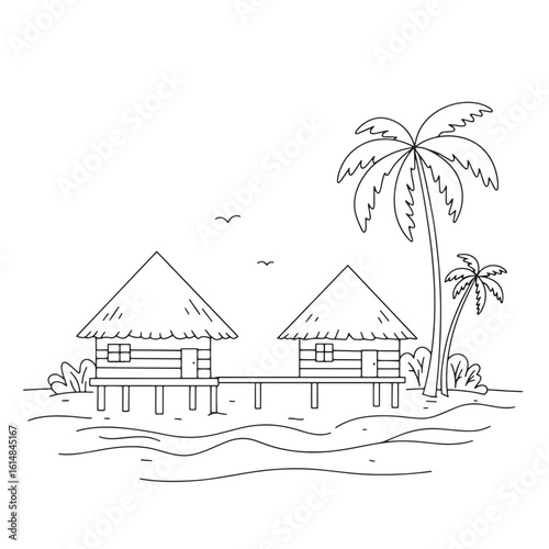 Overwater bungalows with palm trees and seagulls depicting a tropical paradise in line art