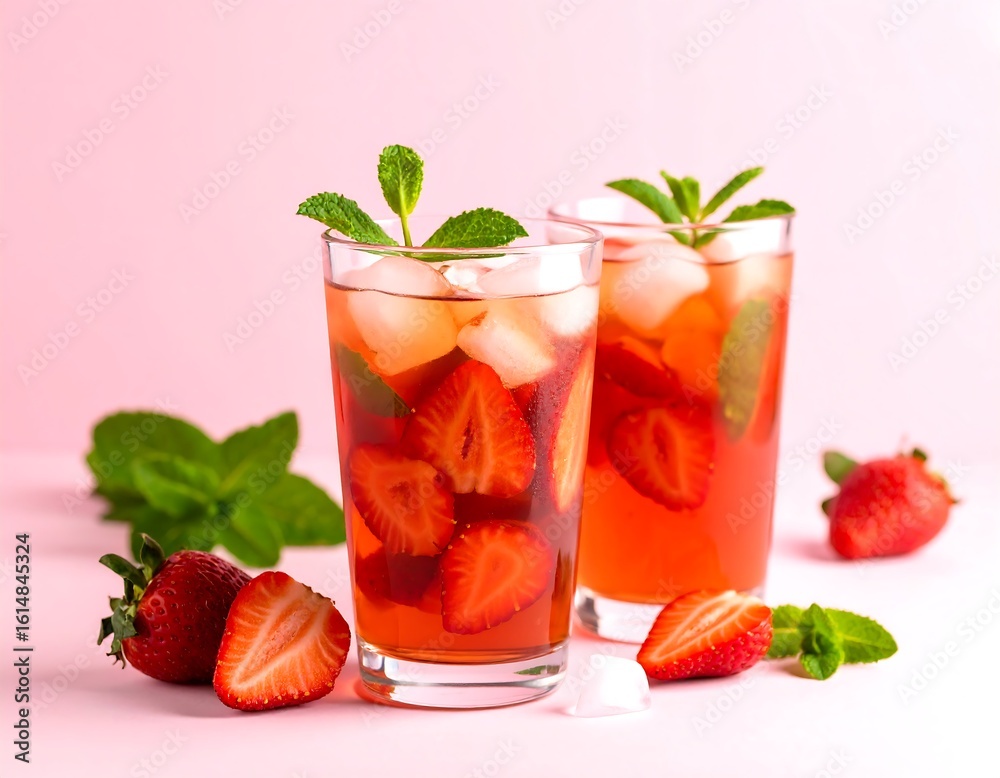 Two glasses of iced strawberry tea, garnished with fresh mint leaves, and surrounded by sliced strawberries Two glasses of iced strawberry tea, garnished with fresh mint leaves, and surrounded by sliced strawberries