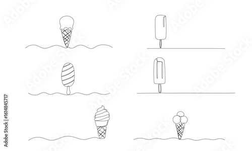 Ice cream one line hand drawn sketch, continuous outline vector illustrations set