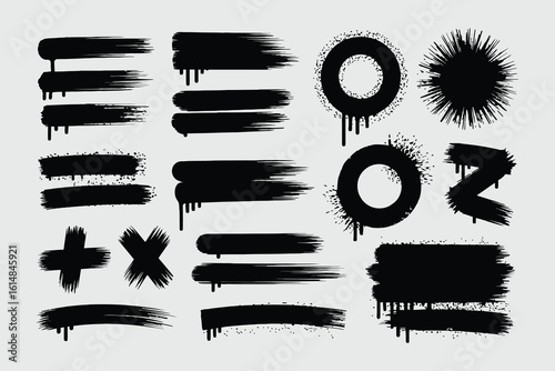 Graffiti spray paint brush strokes vector set with grunge drips.
