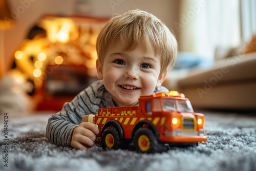 Young boy happily playing with a fire truck toy, engaging in imaginative play in a safe, indoor environment, Generative AI