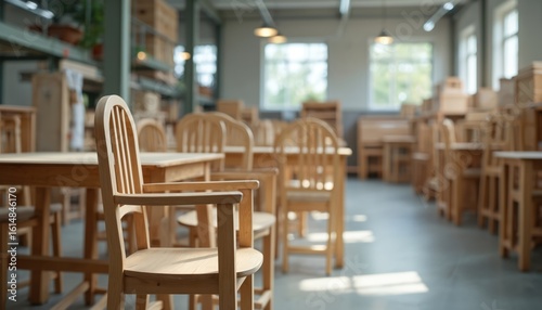 Wooden chairs, tables arranged in furniture factory workshop. Light wood furniture partly assembled. Natural wood grain visible on unfinished pieces. Items ready for shipment customization in
