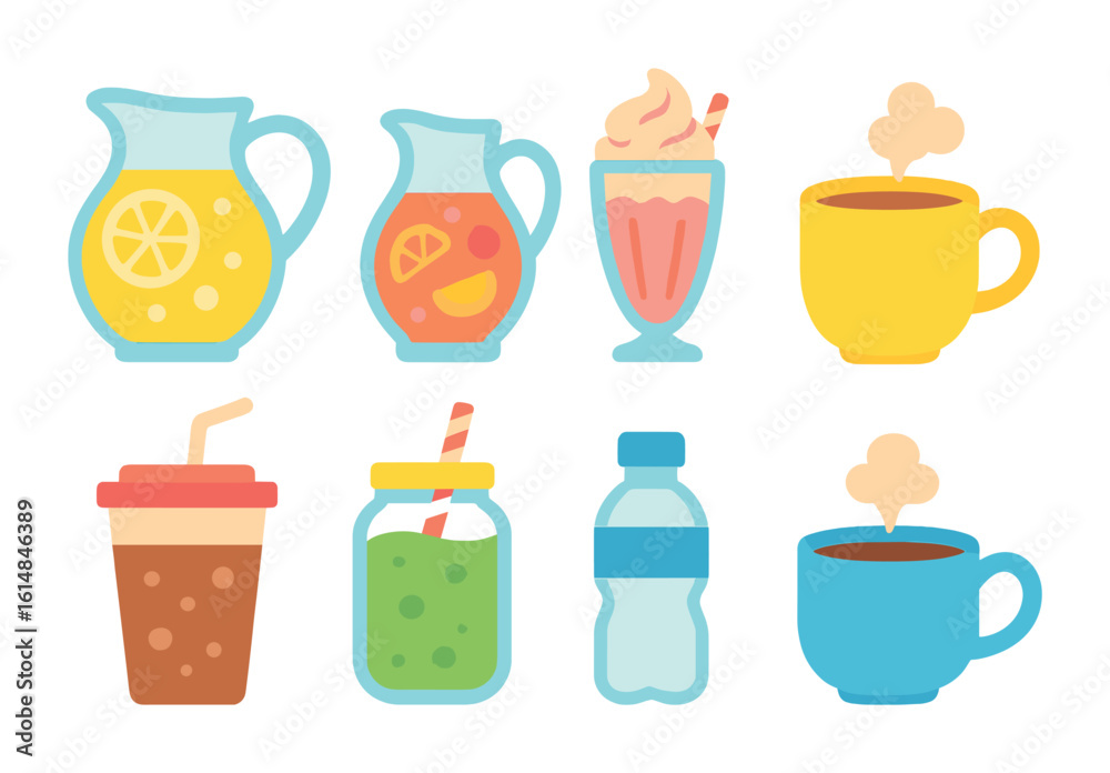 Fototapeta premium Colorful Game Night Drinks. Flat vector mini-illustrations of game night drinks in colors children's
