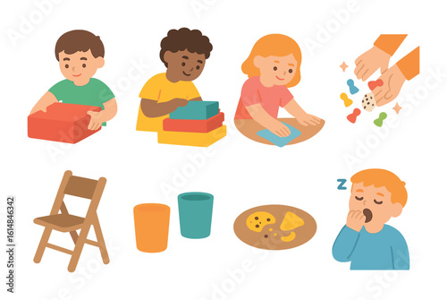 Board Game Cleanup. Flat vector mini-illustrations of board game night cleanup in colors children's