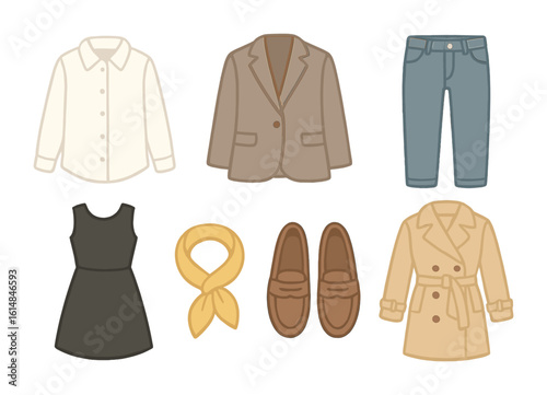 Timeless Wardrobe Icons. Flat vector mini-illustrations Timeless wardrobe pieces in colors children's