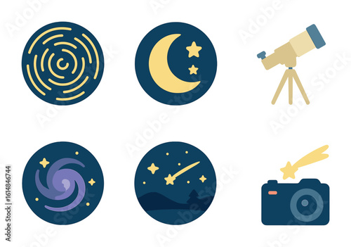 Stargazing Kids' Icons. Flat vector mini-illustrations Night sky photography and stargazing in colors children