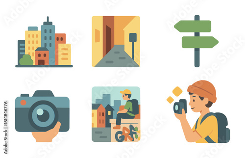 Urban Exploration Icons. Flat vector mini-illustrations Urban exploration photography in colors children's