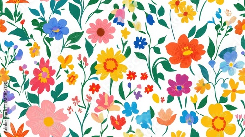 Retro floral pattern illustration featuring optimistic, colorful flowers spread evenly on white background, ideal for stof per meter fabric designs with a cheerful vibe.