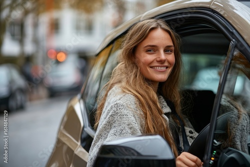 Smiling woman driving her new electric car, enjoying the benefits of sustainable transportation in an eco-friendly setting, Generative AI