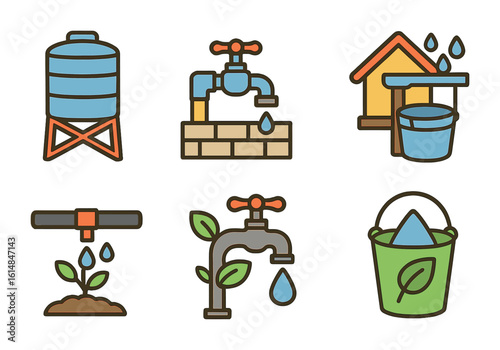 Sustainable Water Icons. Flat vector mini-illustrations Sustainable water management for communities in colors