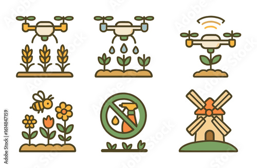 Eco-friendly Agricultural Drones. Flat vector mini-illustrations Agricultural drones helping ecosystems in