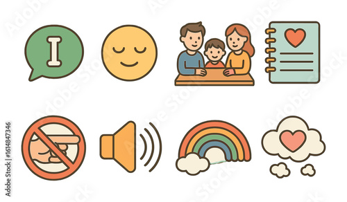 Family Communication Icons. Flat vector mini-illustrations using "I" statements in family talks in colors