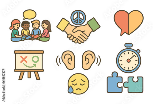 Family Resolution Icons. Flat vector mini-illustrations family conflict resolution techniques in colors