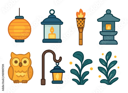 Decorative Garden Lanterns. Flat vector mini-illustrations decorative garden lanterns in colors children's