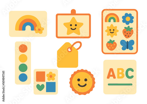 Whimsical Brand Elements. Flat vector mini-illustrations building a mini brand in colors children's