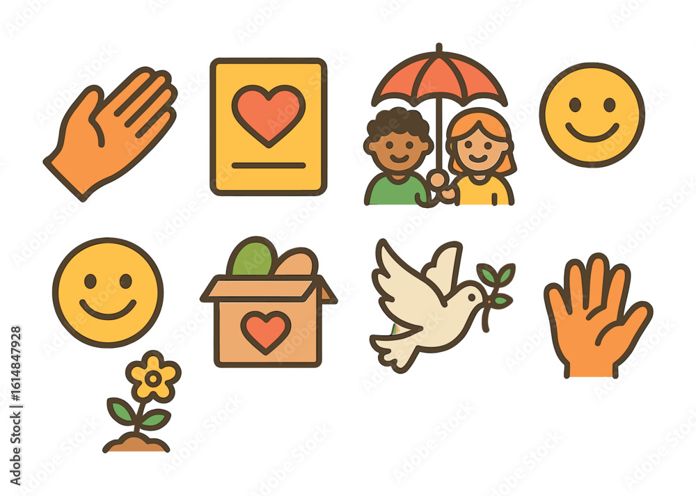 Fototapeta premium Kindness Icon Collection. Flat vector mini-illustrations building legacy through kindness in colors children's