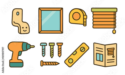 Installing Window Blinds Icons. Flat vector mini-illustrations installing window blinds in colors children's