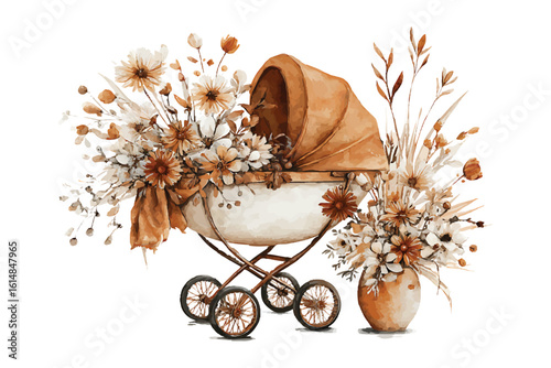 Watercolor vintage baby stroller with dried flowers and vase pram carriage