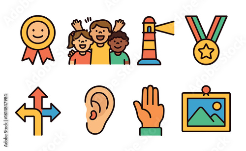 Leadership Icons for Children. Flat vector mini-illustrations legacy through leadership in colors children's