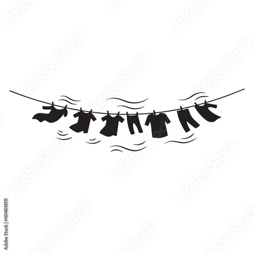 Vector illustration of clean clothes hanging on a line drying outdoors in the breeze