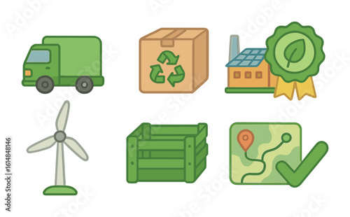 Sustainable Supply Icons. Flat vector mini-illustrations sustainable supply chains in colors children's
