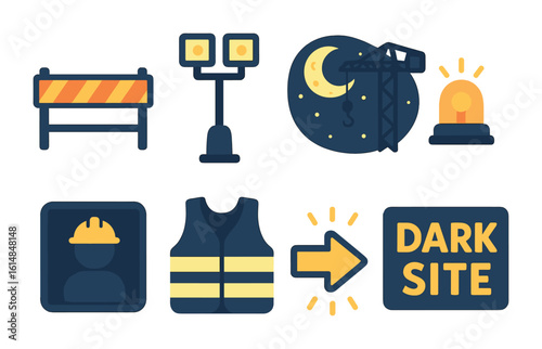 Nighttime Construction Icons. Flat vector mini-illustrations nighttime construction fencing in colors children