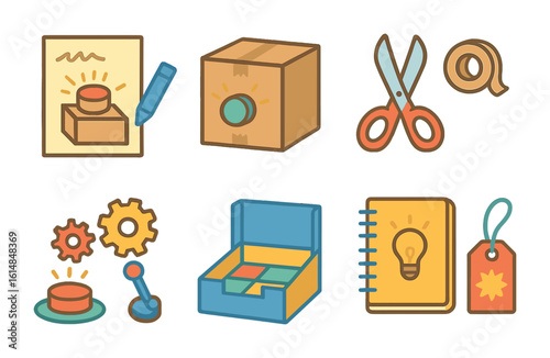 Kids' Creative Inventions. Flat vector mini-illustrations creative product invention by kids in colors