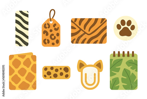 Animal Print Stationery Set. Flat vector mini-illustrations animal print stationery set in colors children's