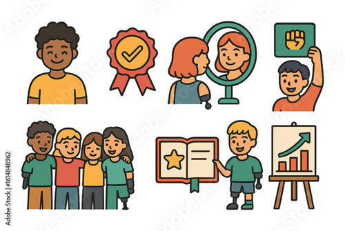 Children's Confidence Icons. Flat vector mini-illustrations emotions and confidence with prosthetics in colors