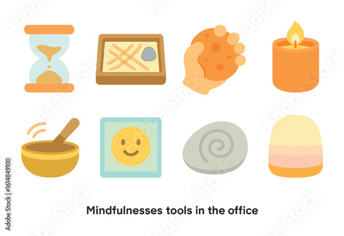 Office Mindfulness Tools. Flat vector mini-illustrations mindfulness tools in the office in colors children's