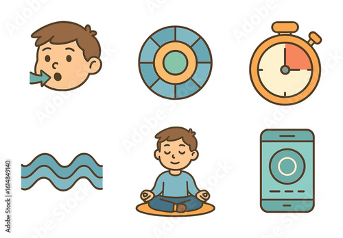 Workplace Breathing Techniques. Flat vector mini-illustrations breathing exercises at work in colors