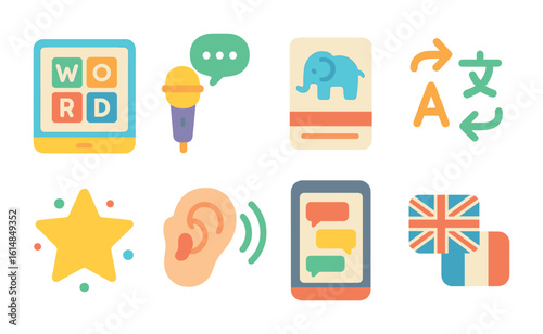 Language Learning Tools. Flat vector mini-illustrations adaptive language learning tools in colors children's