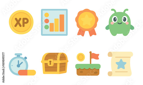 Gamified Learning Icons. Flat vector mini-illustrations gamified learning systems in colors children's