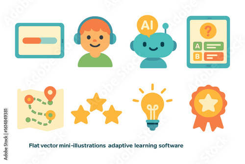 Children's Learning Icons. Flat vector mini-illustrations adaptive learning software in colors children's