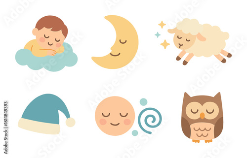 Dreamy Clouds and Stars. Flat vector mini-illustrations cloud nap dreams in colors children's illustrations: